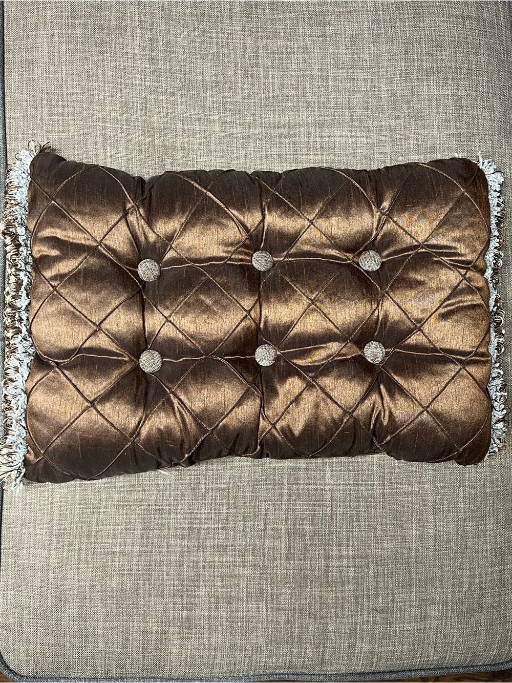 Chris Madden JCP Home Tufted Lumbar Pillow 17x11 Fringe Bronze Brown Gold Accent